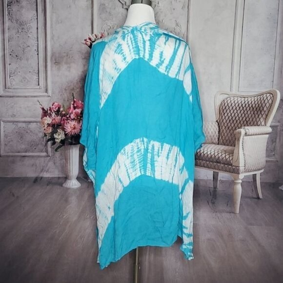 Open Front Blue White Tie Dye Summer Beach Vacation Swim Cover Up One Size - Picture 4 of 6
